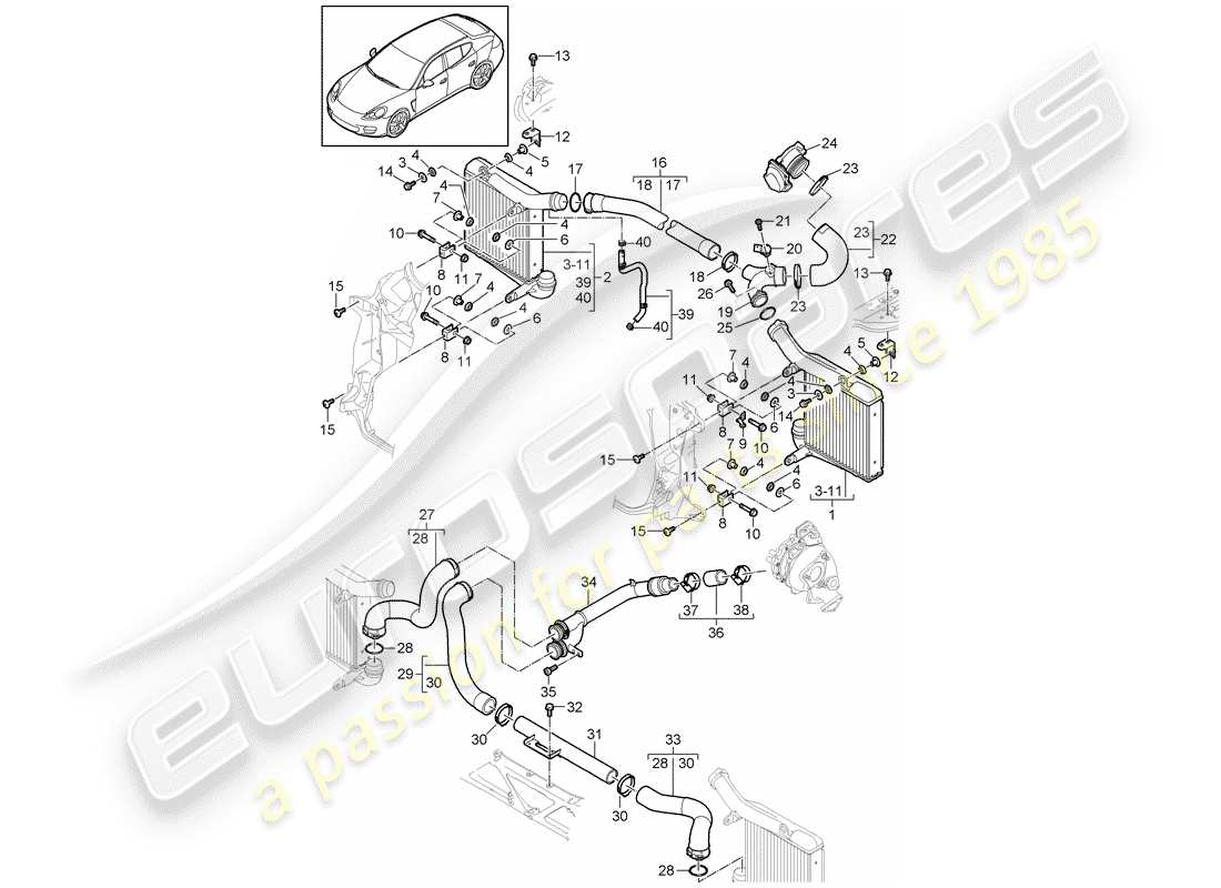 porsche panamera 970 (2016) schema delle parti del raffreddatore dell'aria di carica