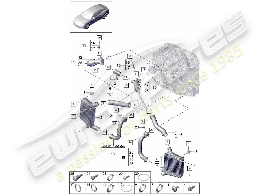 porsche 2017 (panamera 971-1) schema delle parti del raffreddatore dell'aria di carica
