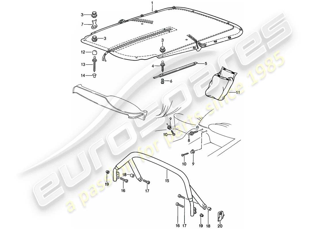 porsche 1987 (911) copertura tonneau - clip di copertura diagramma delle parti