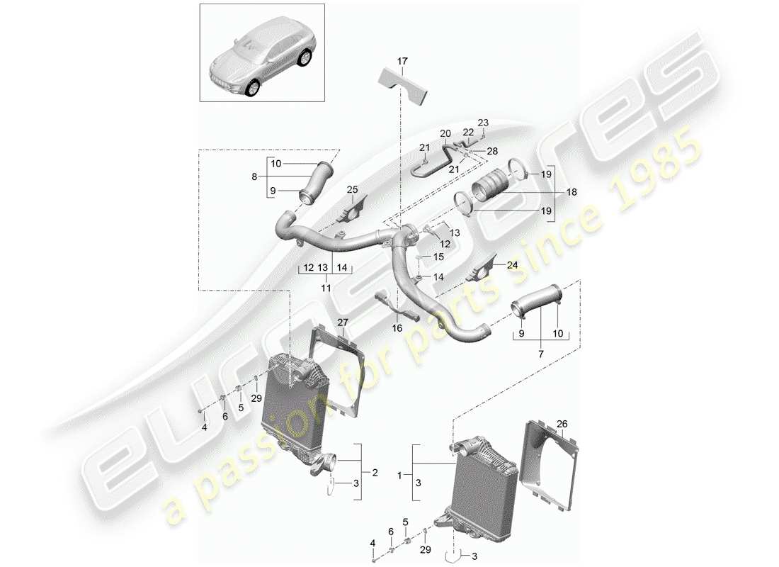 porsche 2018 (macan) schema delle parti del raffreddatore dell'aria di carica