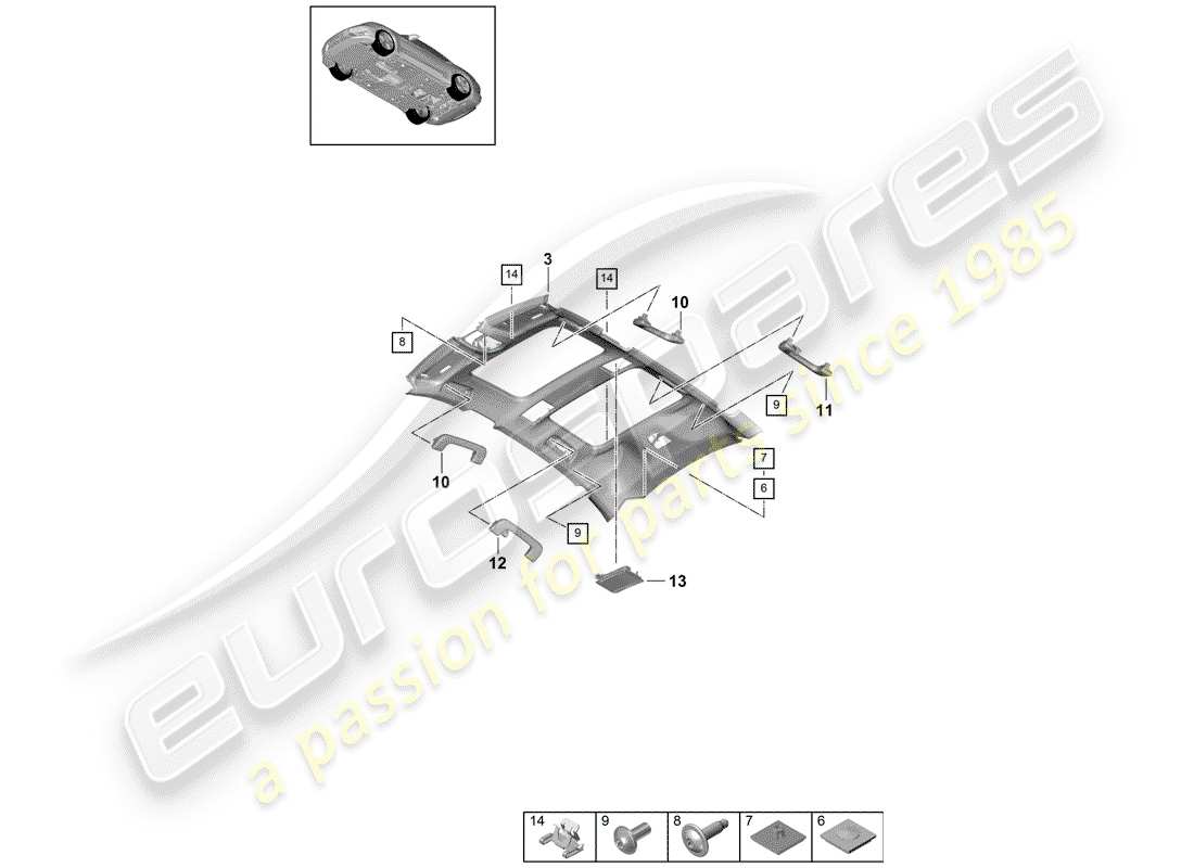 porsche 2017 (panamera 971-1) pannello di rivestimento del tetto schema delle parti