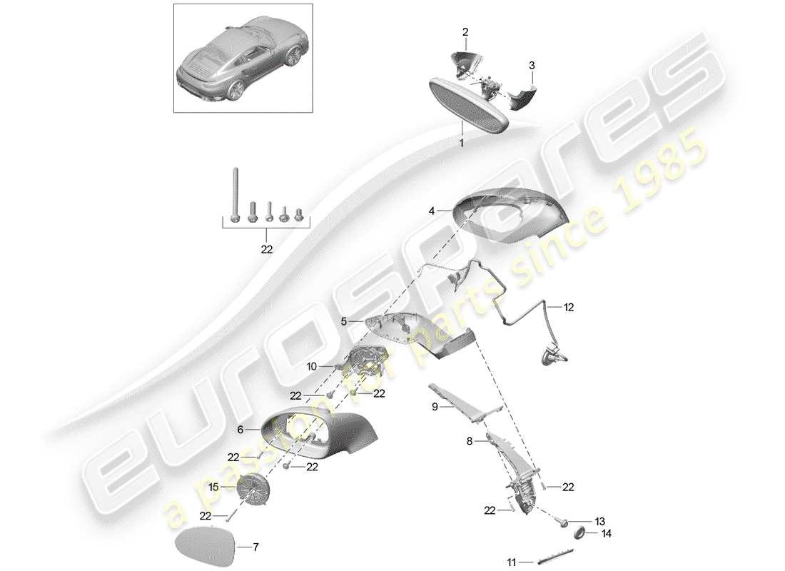 porsche 991 turbo (2019) schema delle parti specchio retrovisore interno