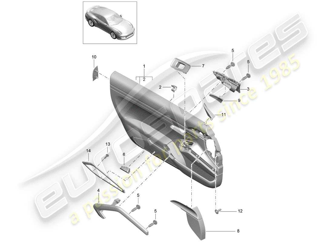 porsche 2016 (991-1 turbo) schema delle parti del pannello della porta