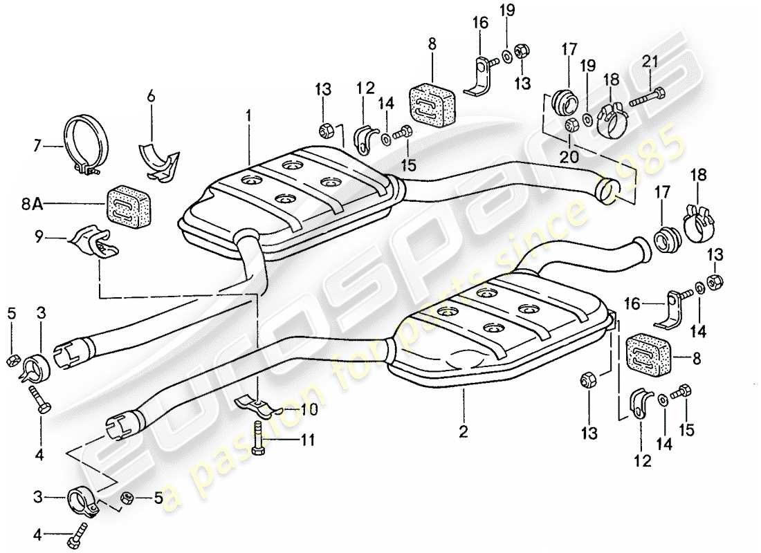 porsche 1987 (928) impianto di scarico - silenziatore intermedio diagramma delle parti