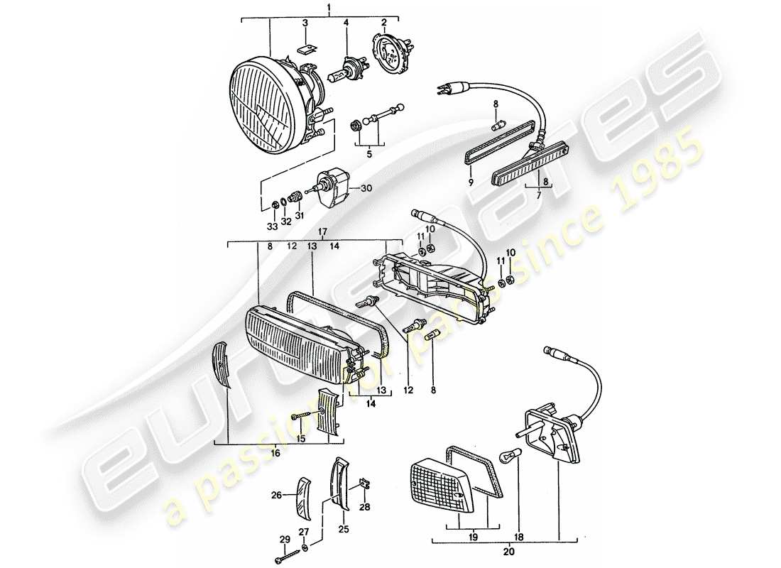 porsche 1993 (928) fanale anteriore - indicatore di direzione schema delle parti