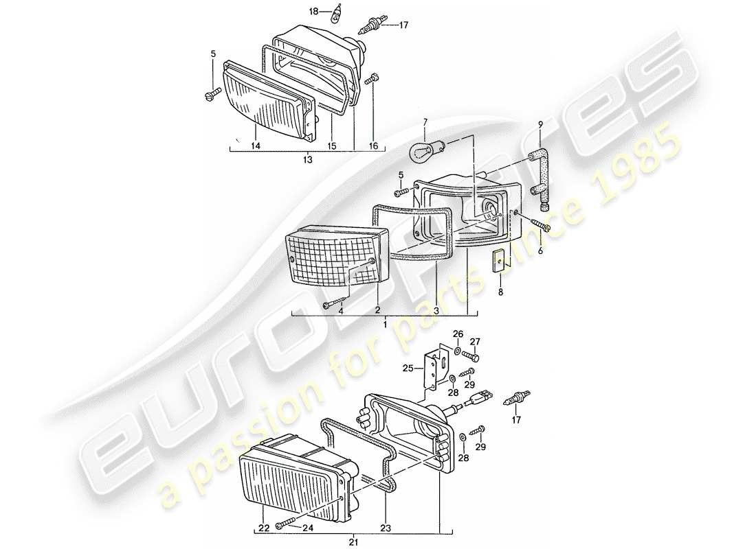 porsche 1990 (944) fari aggiuntivi - fendinebbia - indicatori di direzione schema delle parti
