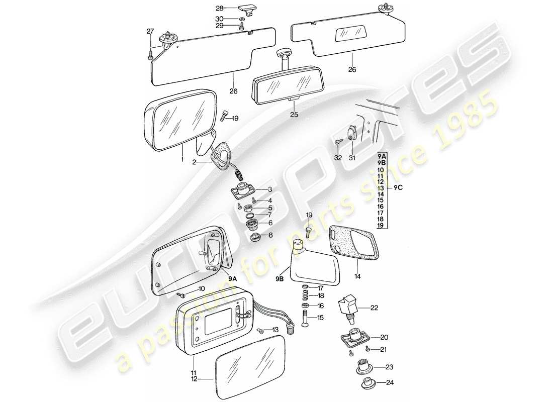 porsche 1982 (944) specchio retrovisore interno - specchio retrovisore - visiera parasole schema delle parti