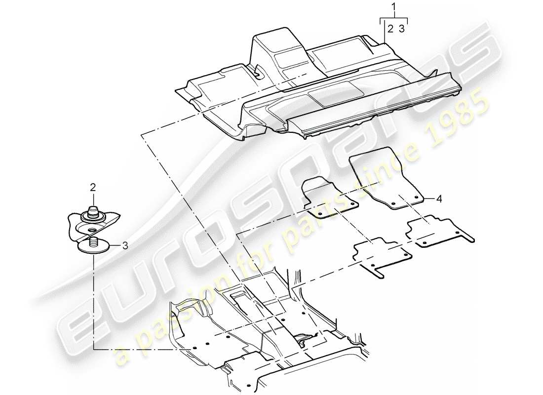 porsche 2008 (cayenne e1 9pa) copertura del pavimento diagramma delle parti