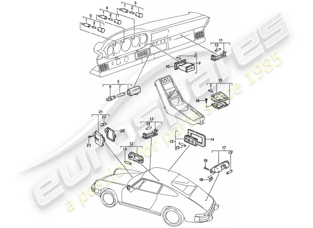 porsche 1989 (911) luci interne diagramma delle parti