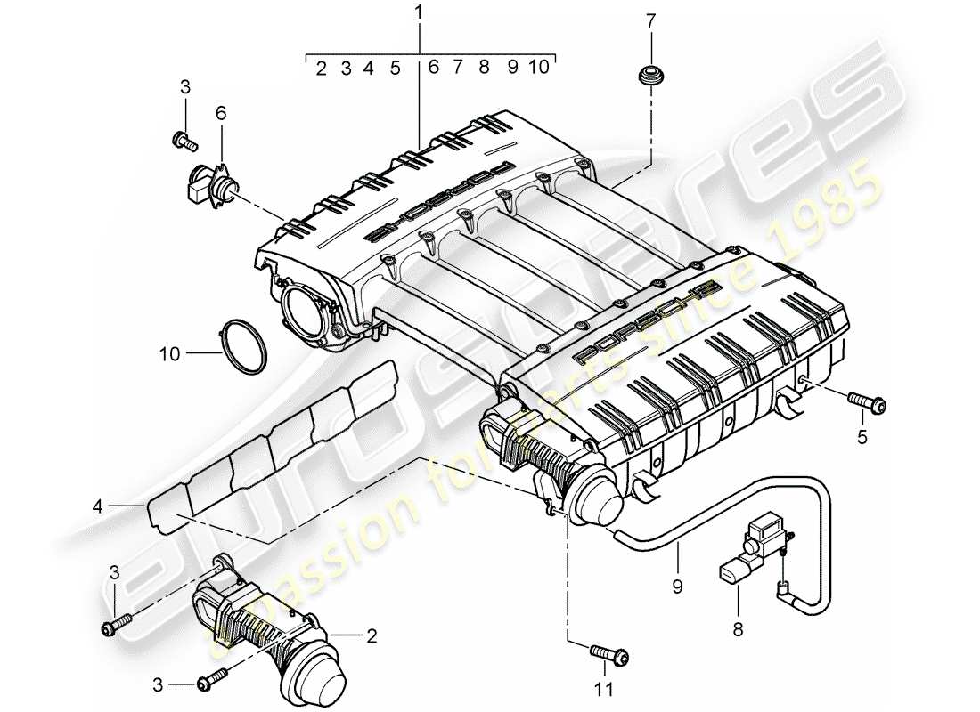 porsche 2007 (cayenne e1 9pa) collettore di aspirazione diagramma delle parti
