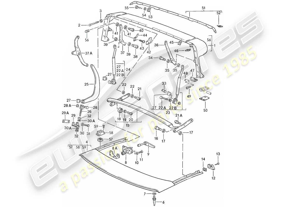 porsche 1986 (911) prua principale - telaio del tetto - parti singole schema delle parti