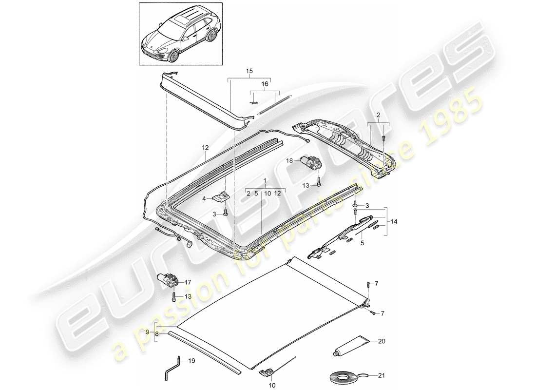 porsche 2018 (cayenne e2 92a) tetto di vetro diagramma delle parti
