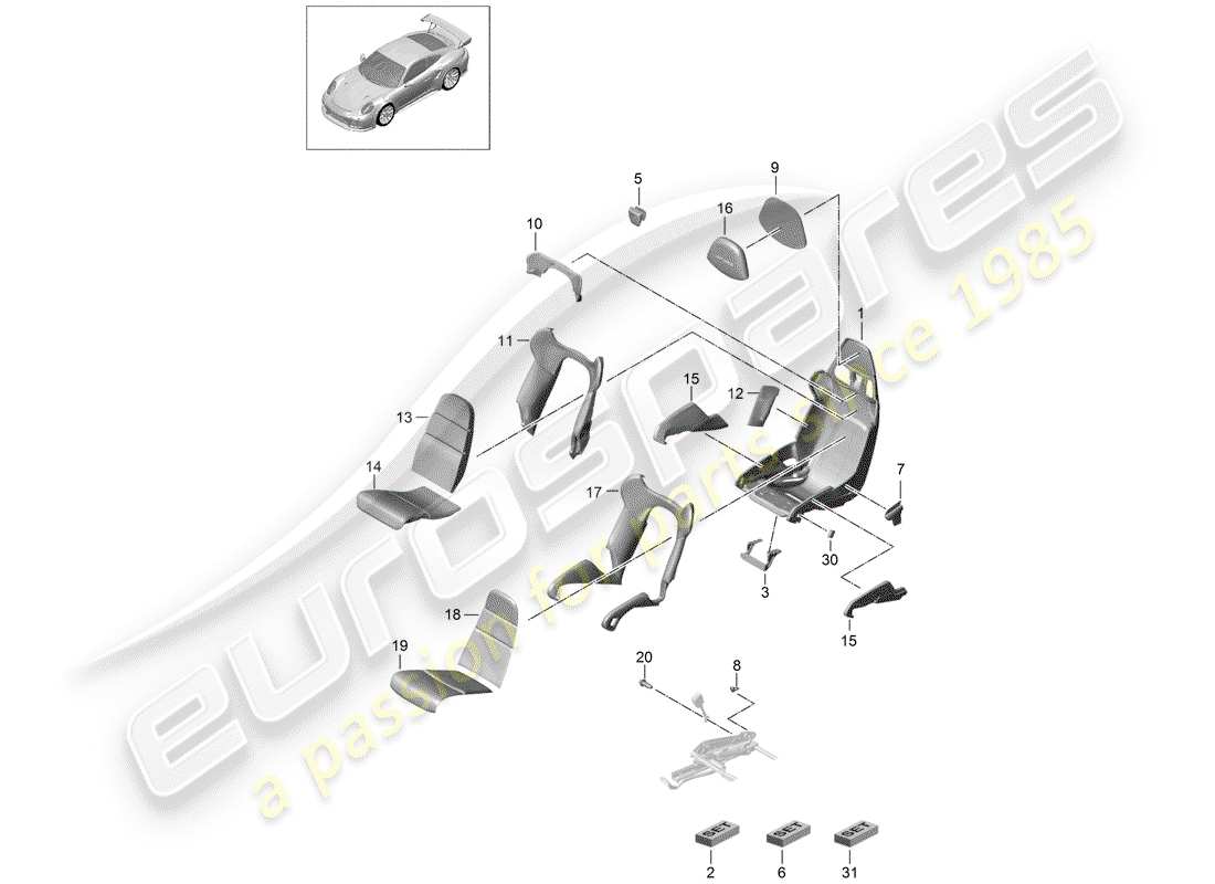 porsche 2017 (991-2 turbo) diagramma delle parti del sedile
