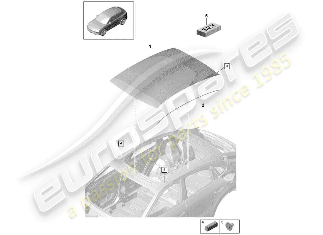 porsche 2018 (cayenne e3 9ya/9yb) tetto di vetro diagramma delle parti