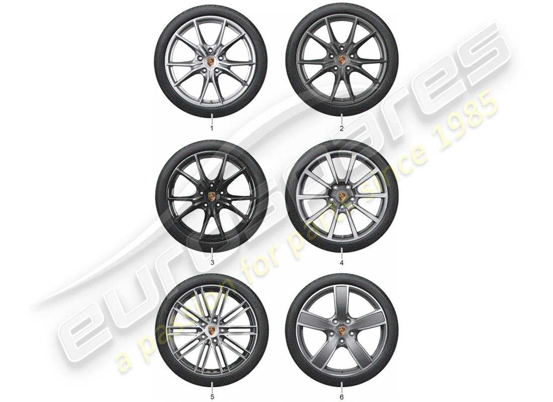porsche 2014 (tequipment 98x/99x) 1 set cerchi in alluminio con diagramma delle parti