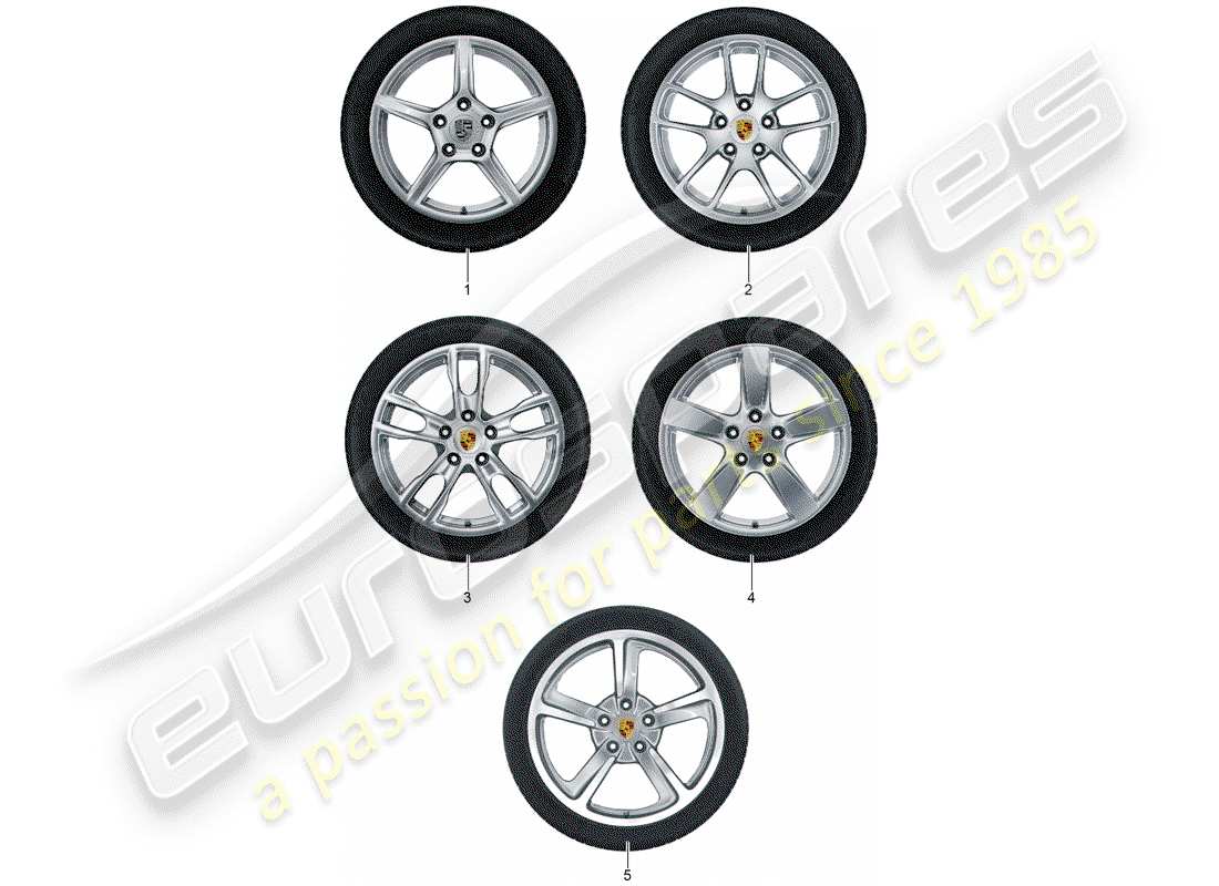 porsche 2013 (tequipment 98x/99x) 1 set cerchi in alluminio con diagramma delle parti