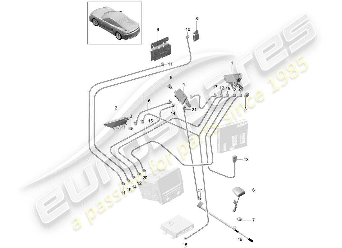 porsche 2016 (981 cayman gt4) diagramma delle parti del ripetitore d'antenna