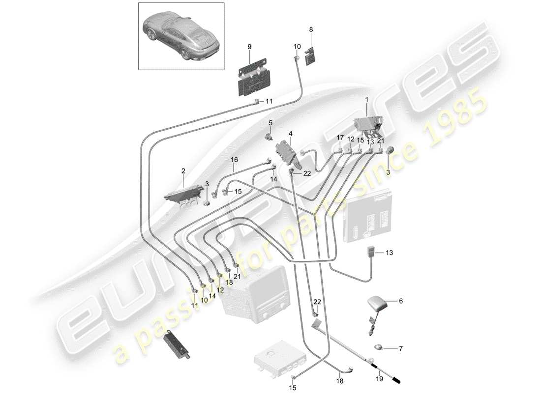 porsche 2016 (991-1 turbo) diagramma delle parti del ripetitore d'antenna