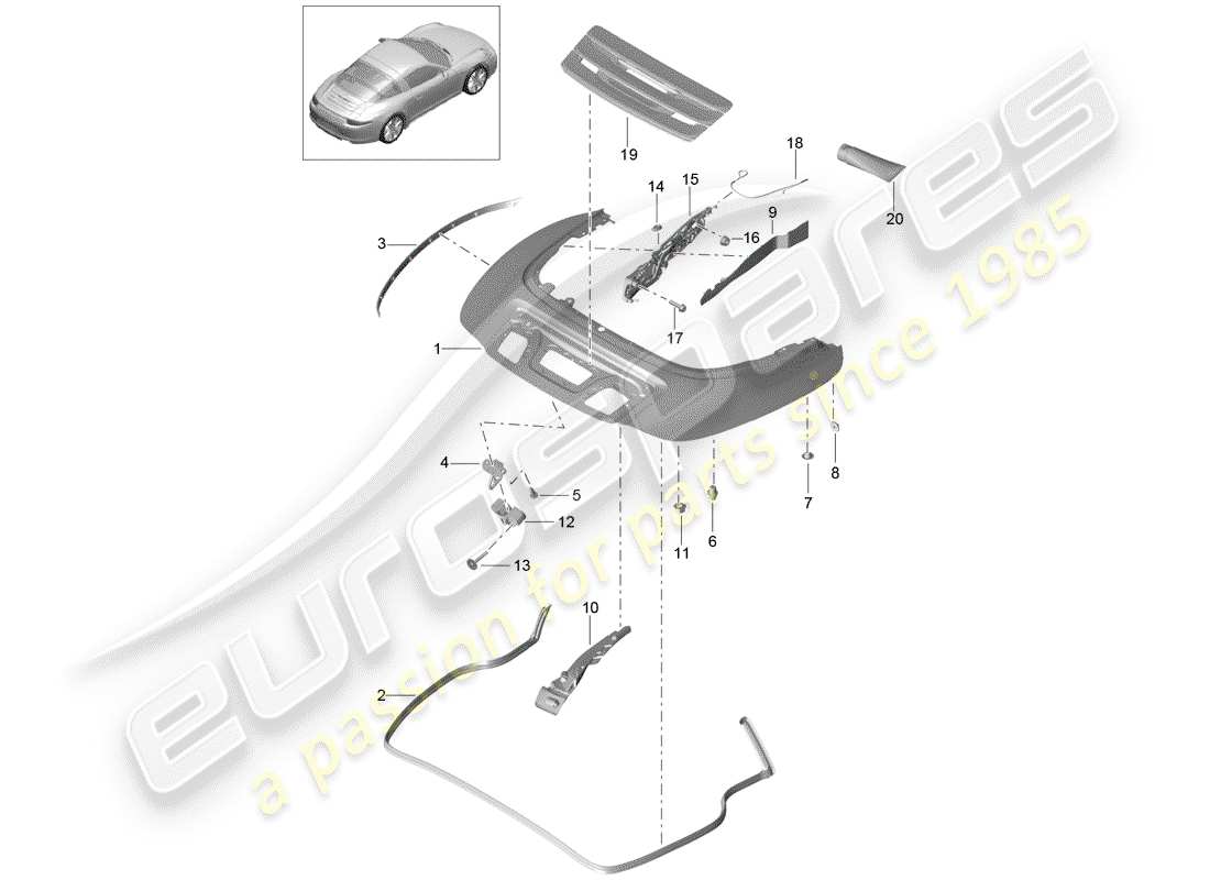 porsche 991 (2013) schema delle parti del cassone portaoggetti superiore