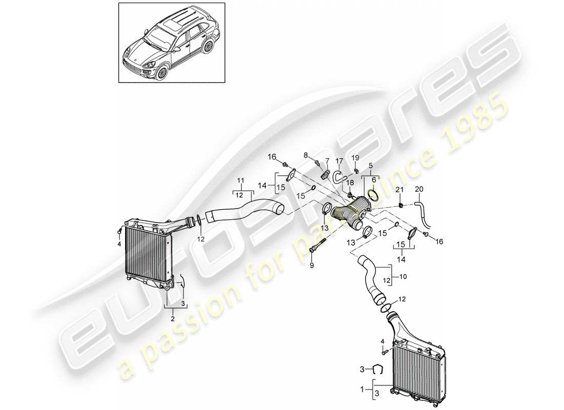 porsche 2013 (cayenne e2 92a) schema delle parti del raffreddatore dell'aria di carica