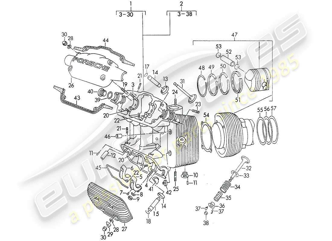 porsche 1957 (356/356a) testa cilindro - cilindro con pistoni diagramma delle parti