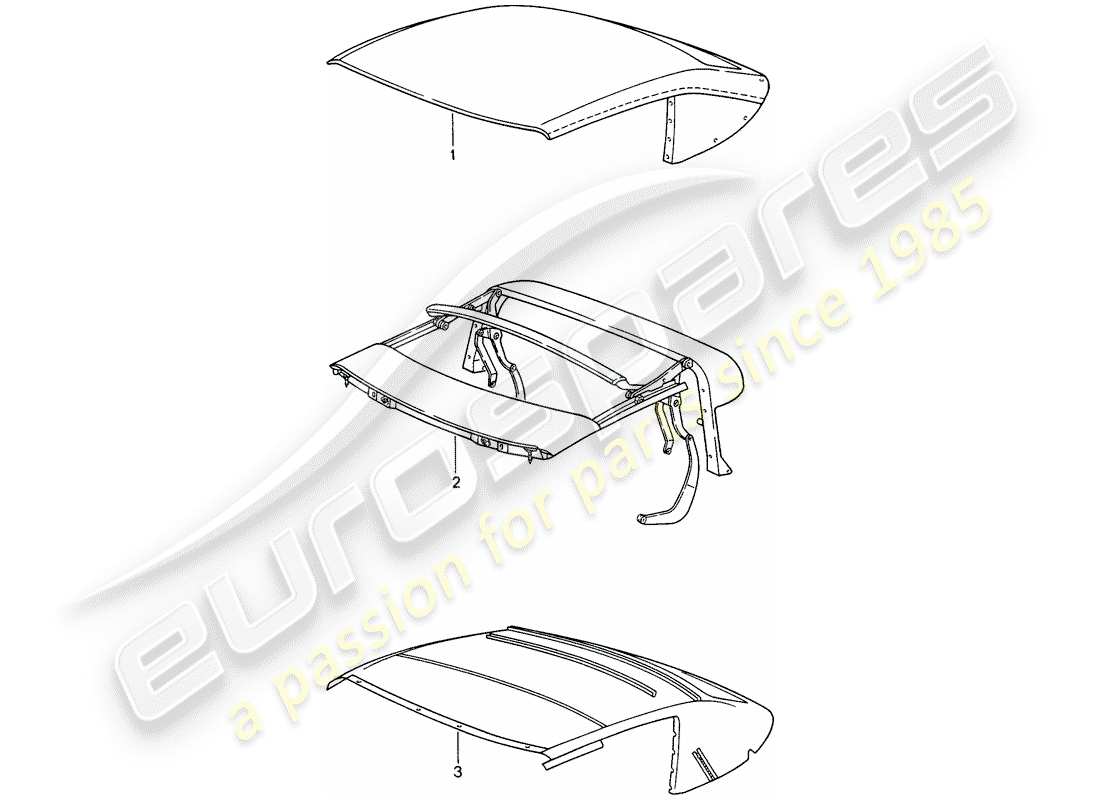 porsche 1998 (993) copertura capote convertibile - telaio superiore - rivestimento del tetto schema delle parti