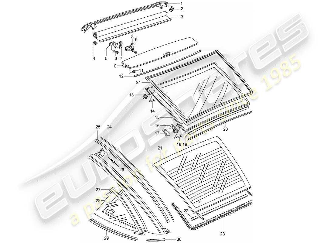 porsche 1998 (993) tetto di vetro diagramma delle parti