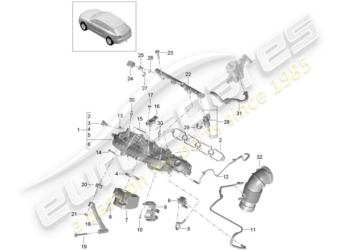 porsche 2018 (macan) collettore di aspirazione schema delle parti