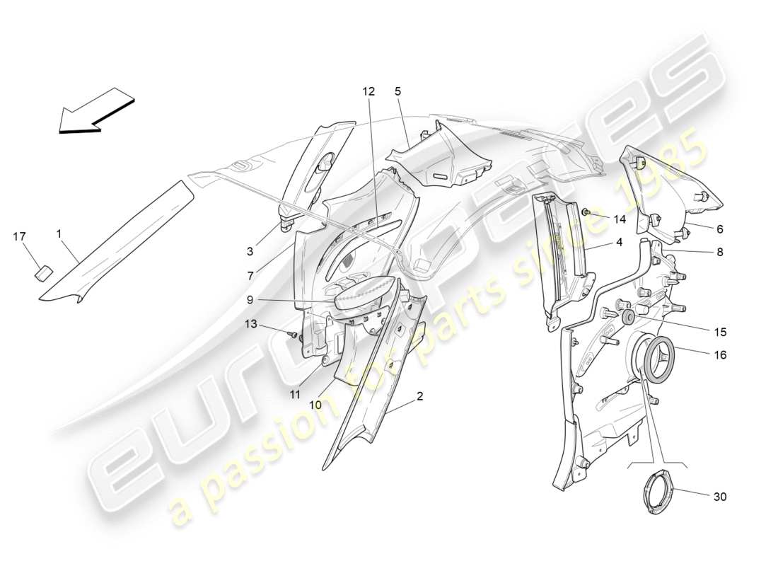 maserati granturismo s (2018) schema delle parti dei pannelli di rivestimento del montante b e dei pannelli laterali dell'abitacolo