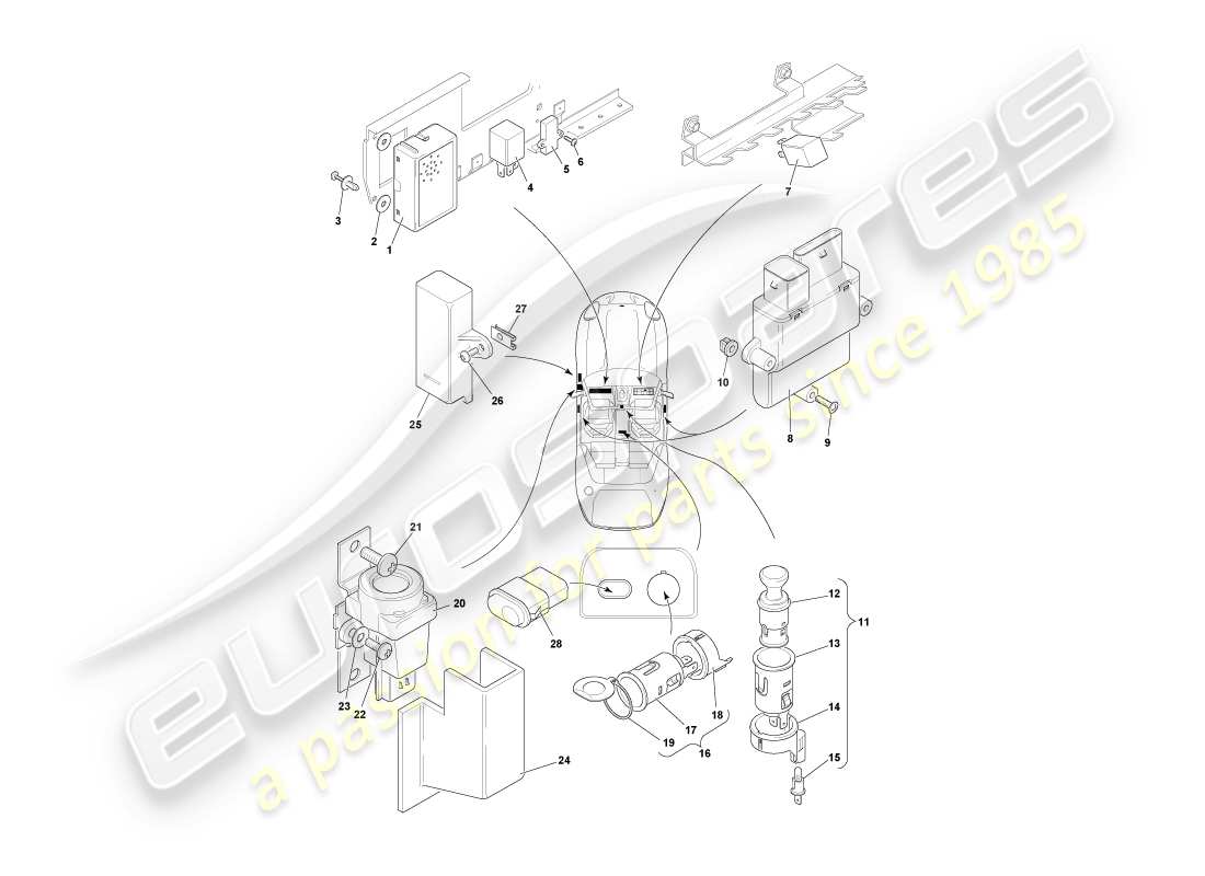 aston martin db7 vantage (2002) diagramma delle parti dei componenti montati centralmente