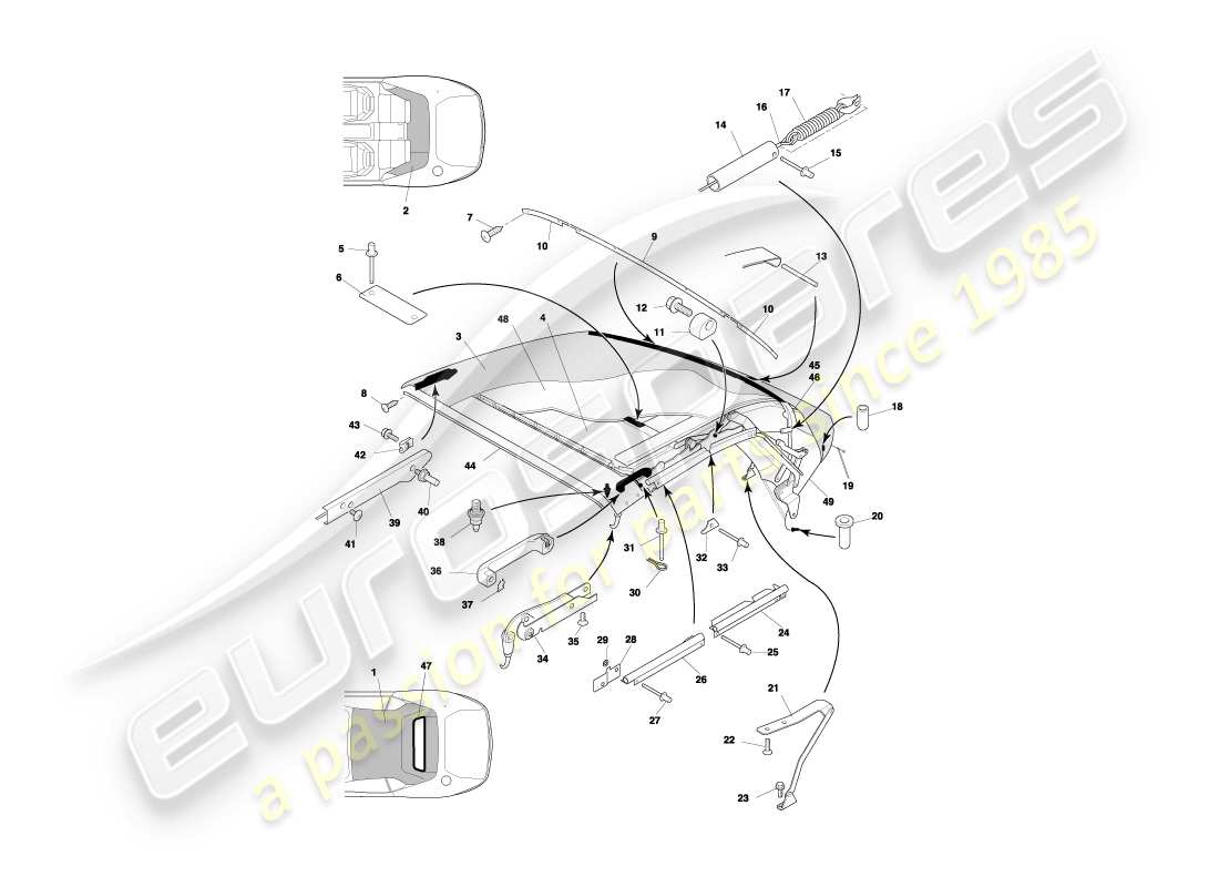 aston martin db7 vantage (2002) schema delle parti del tetto volante e del rivestimento superiore
