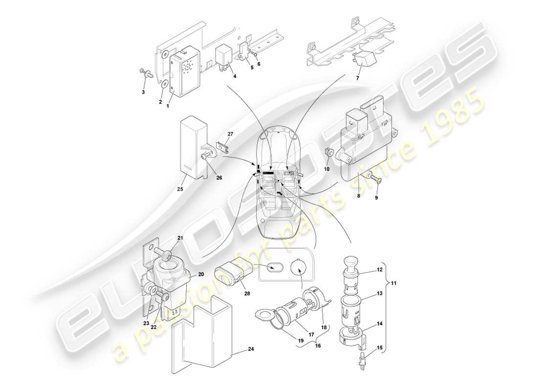 aston martin db7 vantage (2003) diagramma delle parti dei componenti montati centralmente