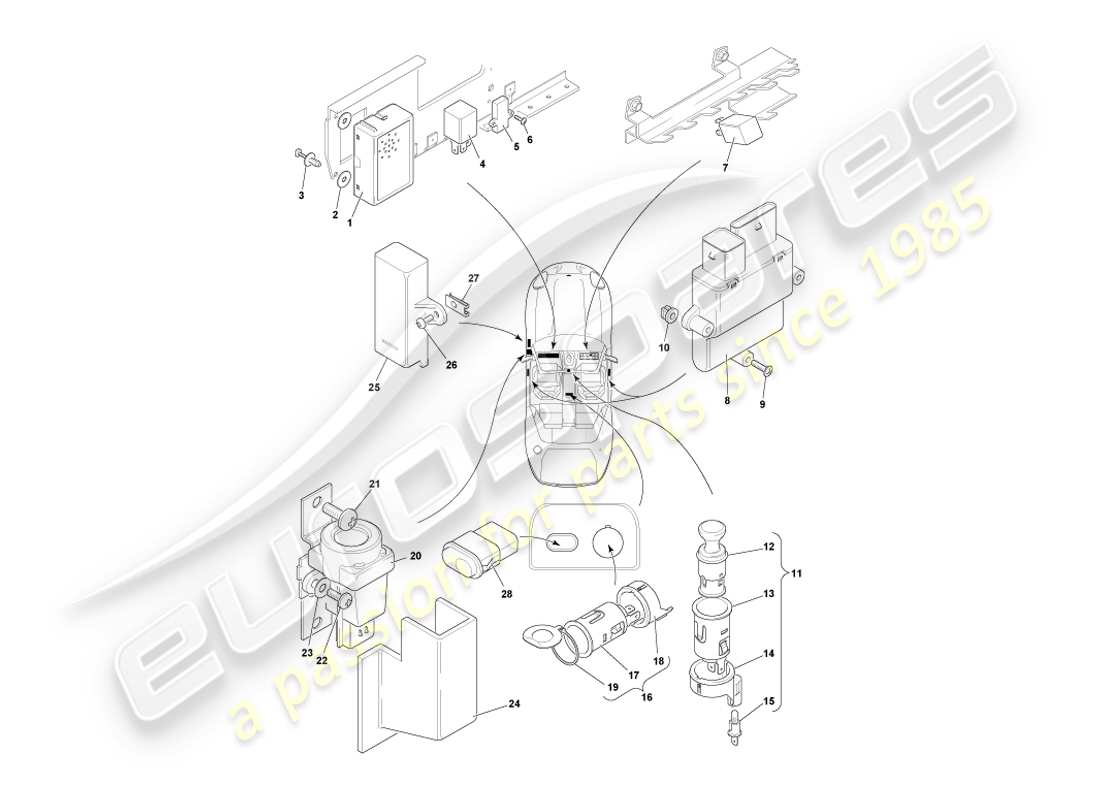 aston martin db7 vantage (2000) diagramma delle parti dei componenti montati centralmente