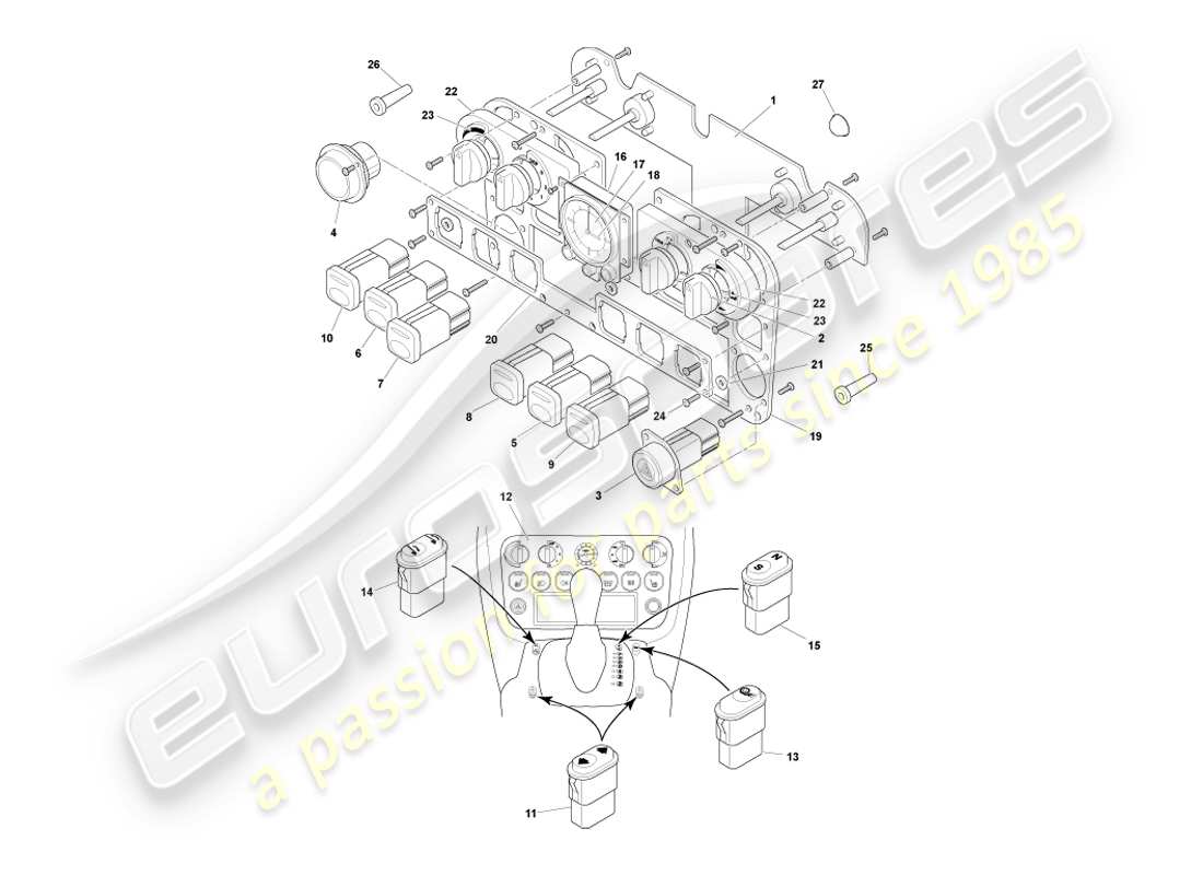 aston martin db7 vantage (2000) diagramma delle parti di strumenti e controlli