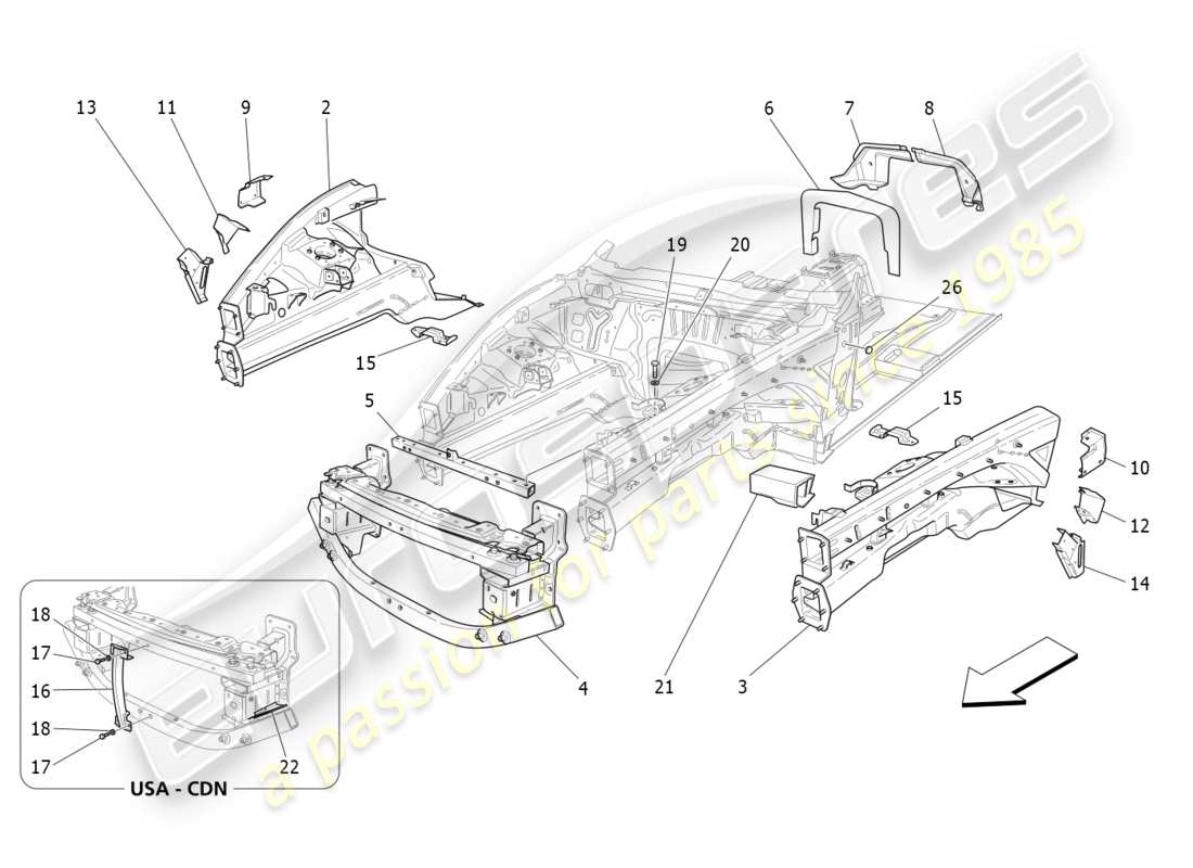 maserati granturismo s (2020) schema delle parti dei telai strutturali anteriori e dei pannelli in lamiera