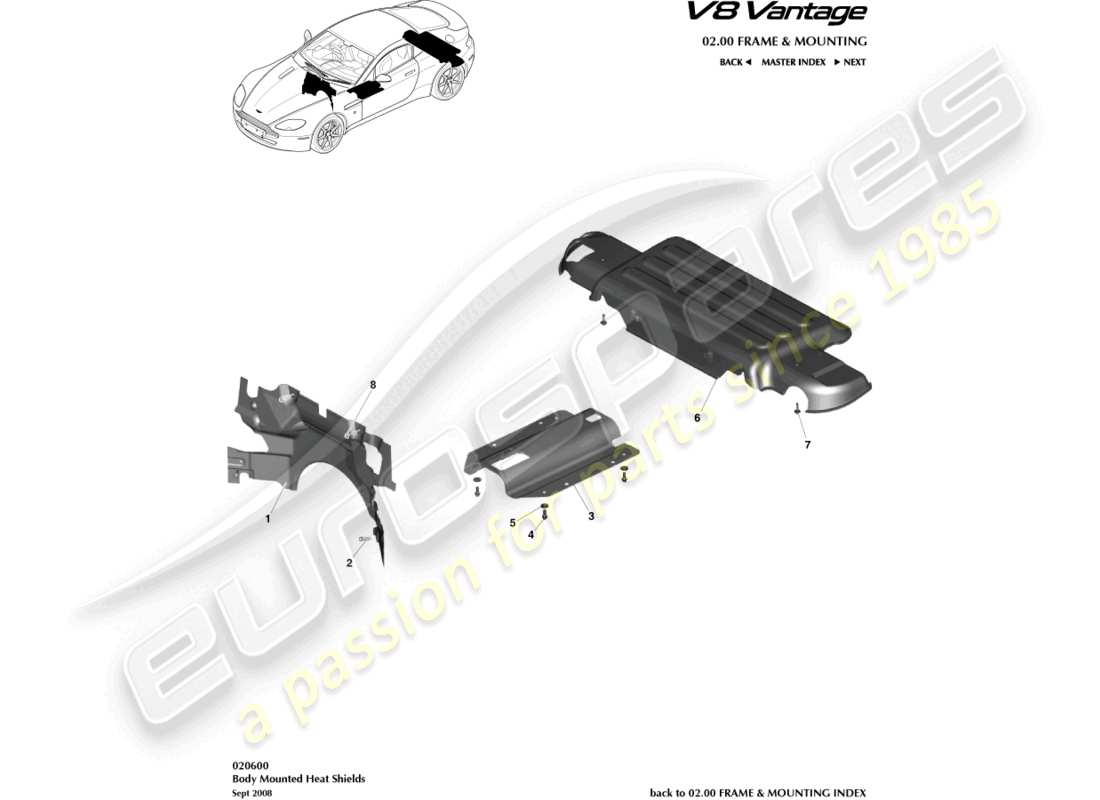 aston martin v8 vantage (2012) diagramma delle parti degli scudi termici