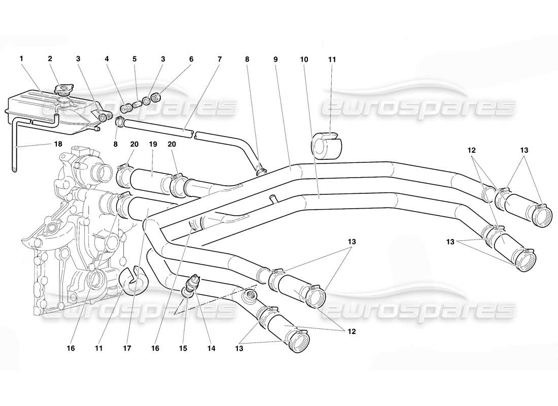 lamborghini diablo se30 (1995) diagramma delle parti del sistema di raffreddamento ad acqua