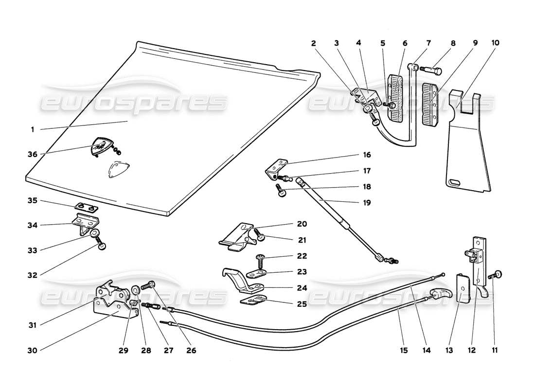 lamborghini diablo 6.0 (2001) schema delle parti del cofano anteriore