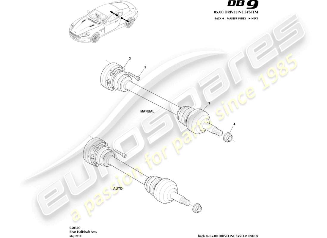 aston martin db9 (2004) hintere halbwellenbaugruppe teilediagramm