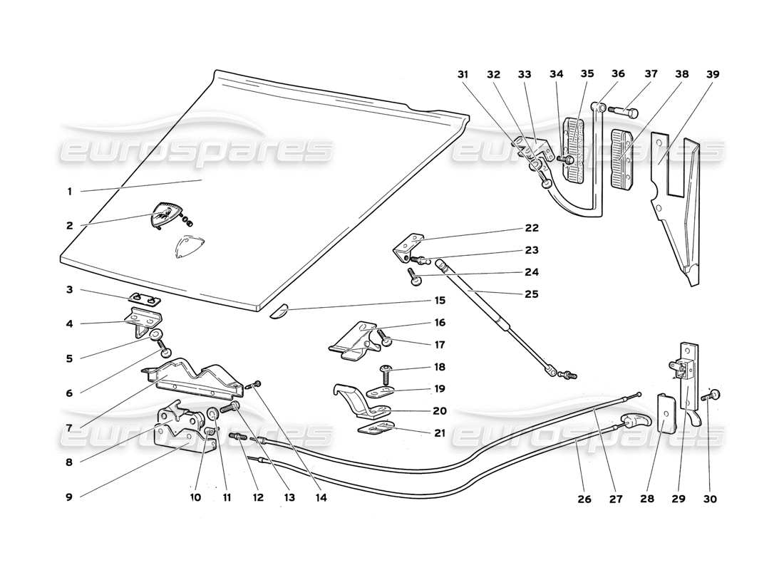lamborghini diablo sv (1999) diagramma delle parti del cofano anteriore