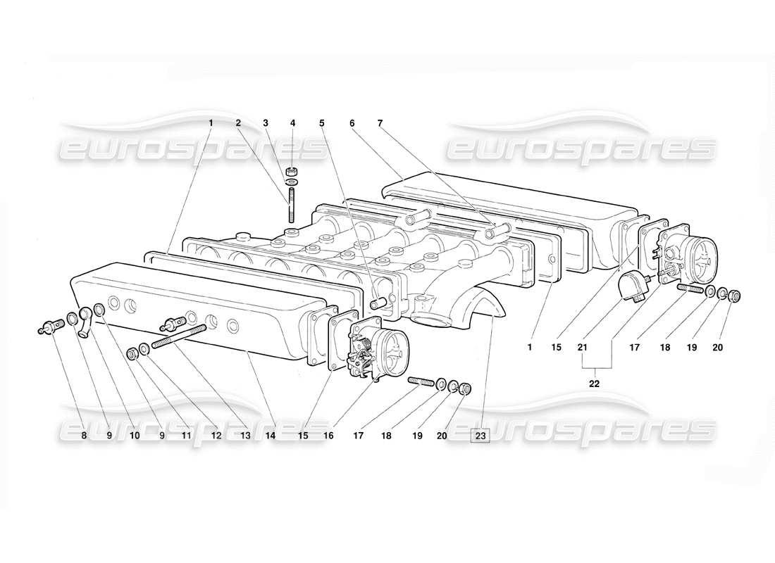 lamborghini diablo (1991) diagramma delle parti del collettore di aspirazione (valido per la versione 1992 di giugno).