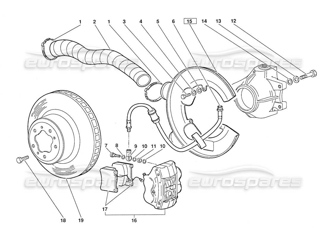 lamborghini diablo (1991) diagramma delle parti dei freni anteriori (valido per la versione di ottobre 1991).