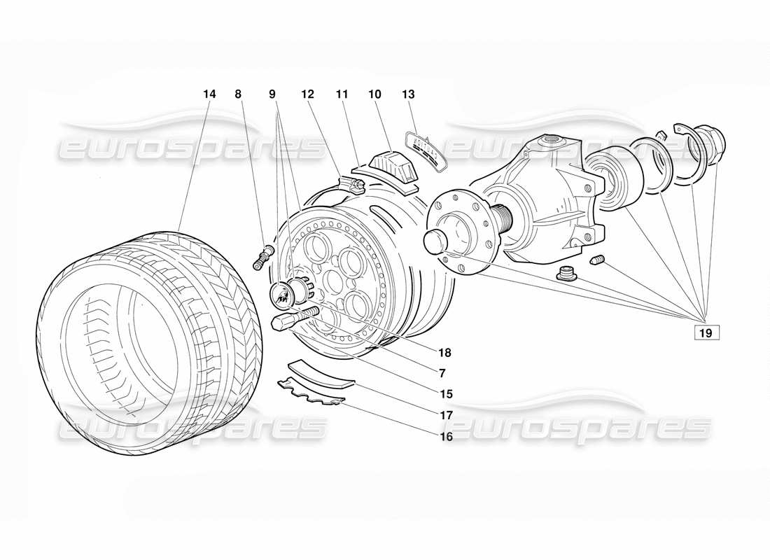 lamborghini diablo (1991) diagramma delle parti della ruota anteriore e del mozzo (valido per la versione di giugno 1992).
