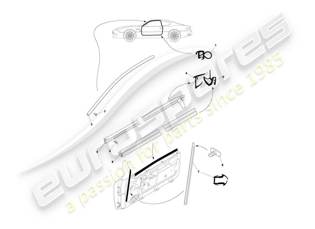 aston martin db7 vantage (2001) diagramma delle parti delle guarnizioni delle porte della coupé