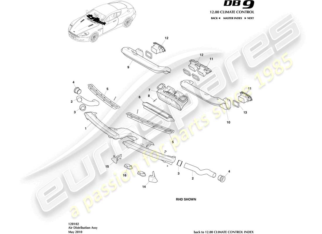 aston martin db9 (2011) luftverteilungskomponenten teilediagramm