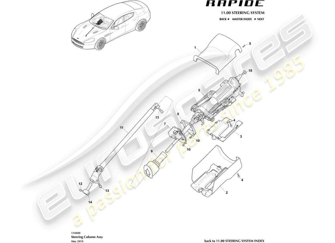 aston martin rapide (2013) teilediagramm der lenksäulenbaugruppe