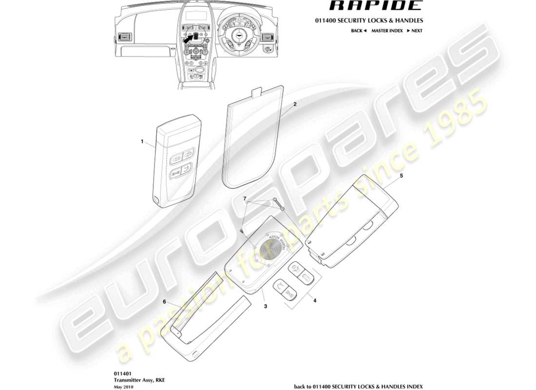 aston martin rapide (2011) trasmettitore rke diagramma delle parti