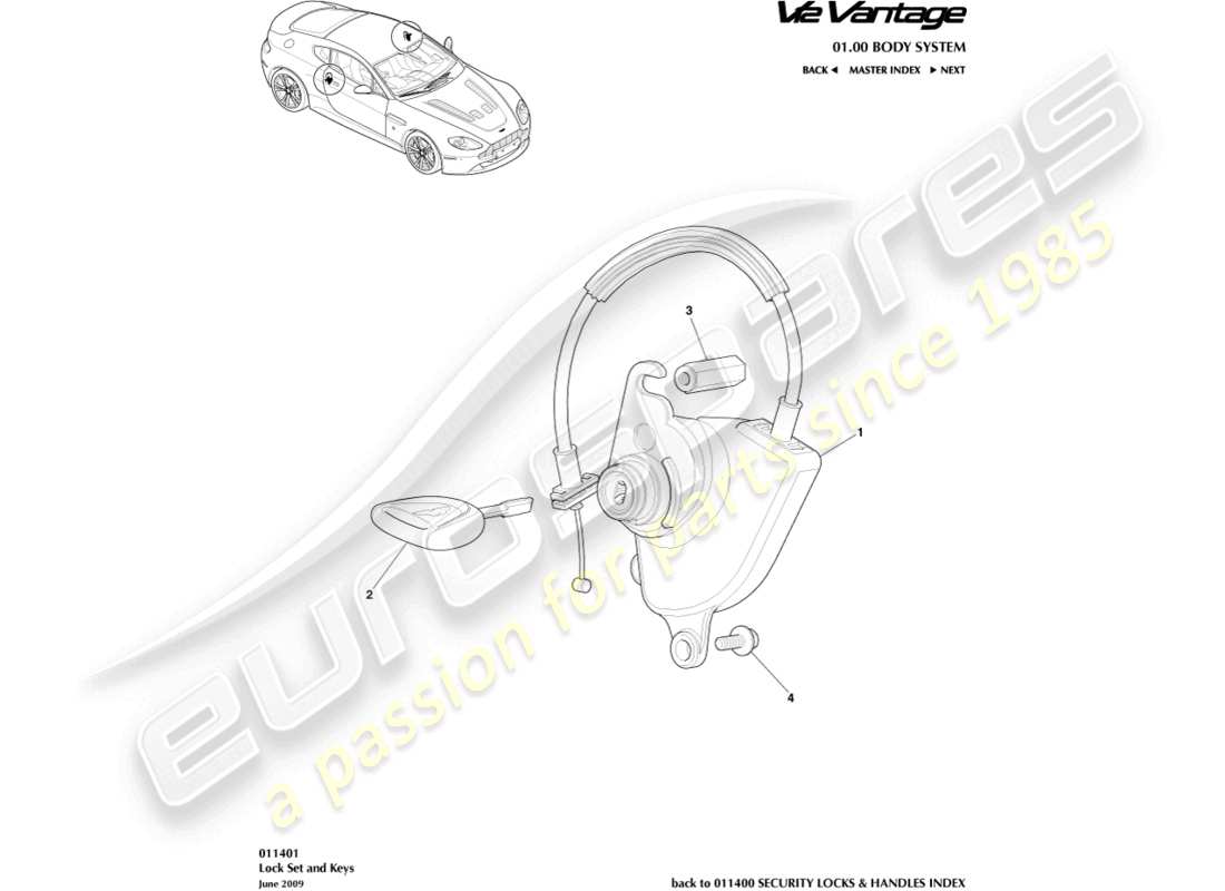 aston martin v12 vantage (2011) schema delle parti del set di serrature e delle chiavi