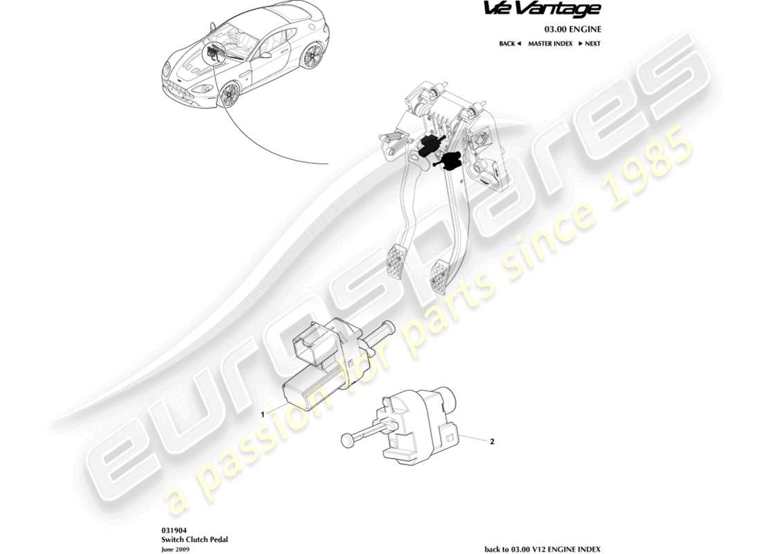 aston martin v12 vantage (2011) diagramma delle parti dell'interruttore del pedale della frizione