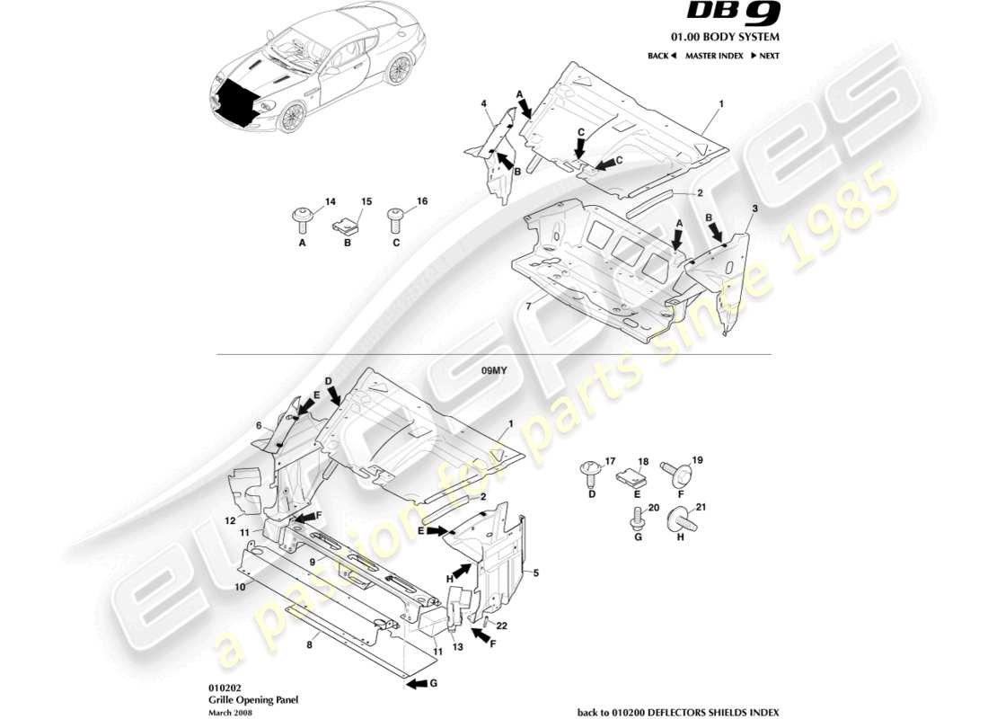 aston martin db9 (2007) diagramma delle parti del pannello di apertura della griglia